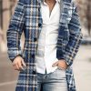 Men DJ Print Jacket | Retro Plaid Print Stand Collar Double Pocket Woolen Coat Blue