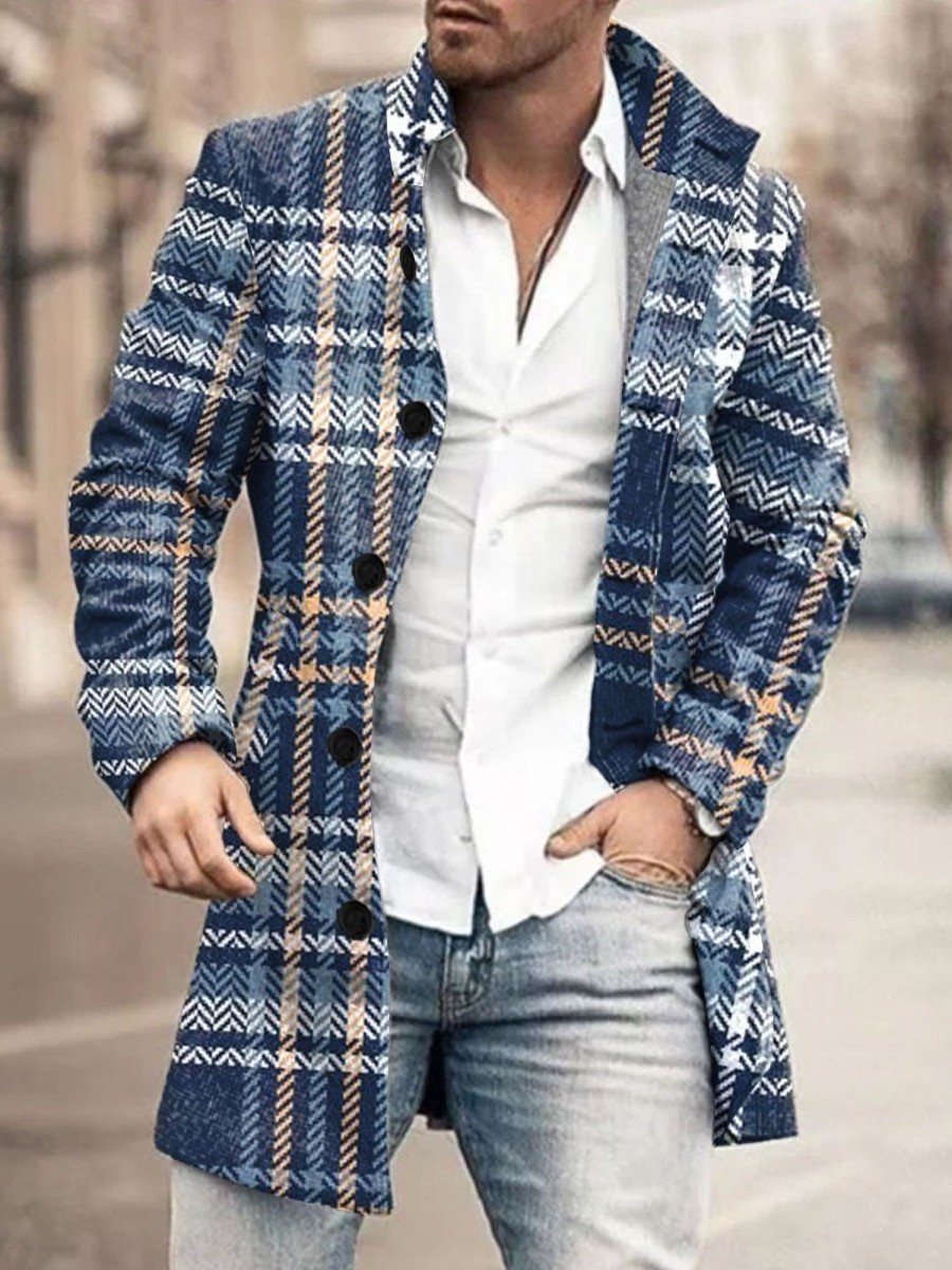 Men DJ Print Jacket | Retro Plaid Print Stand Collar Double Pocket Woolen Coat Blue