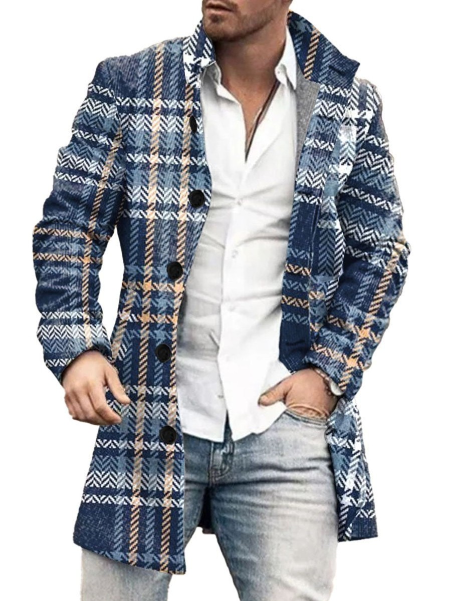 Men DJ Print Jacket | Retro Plaid Print Stand Collar Double Pocket Woolen Coat Blue