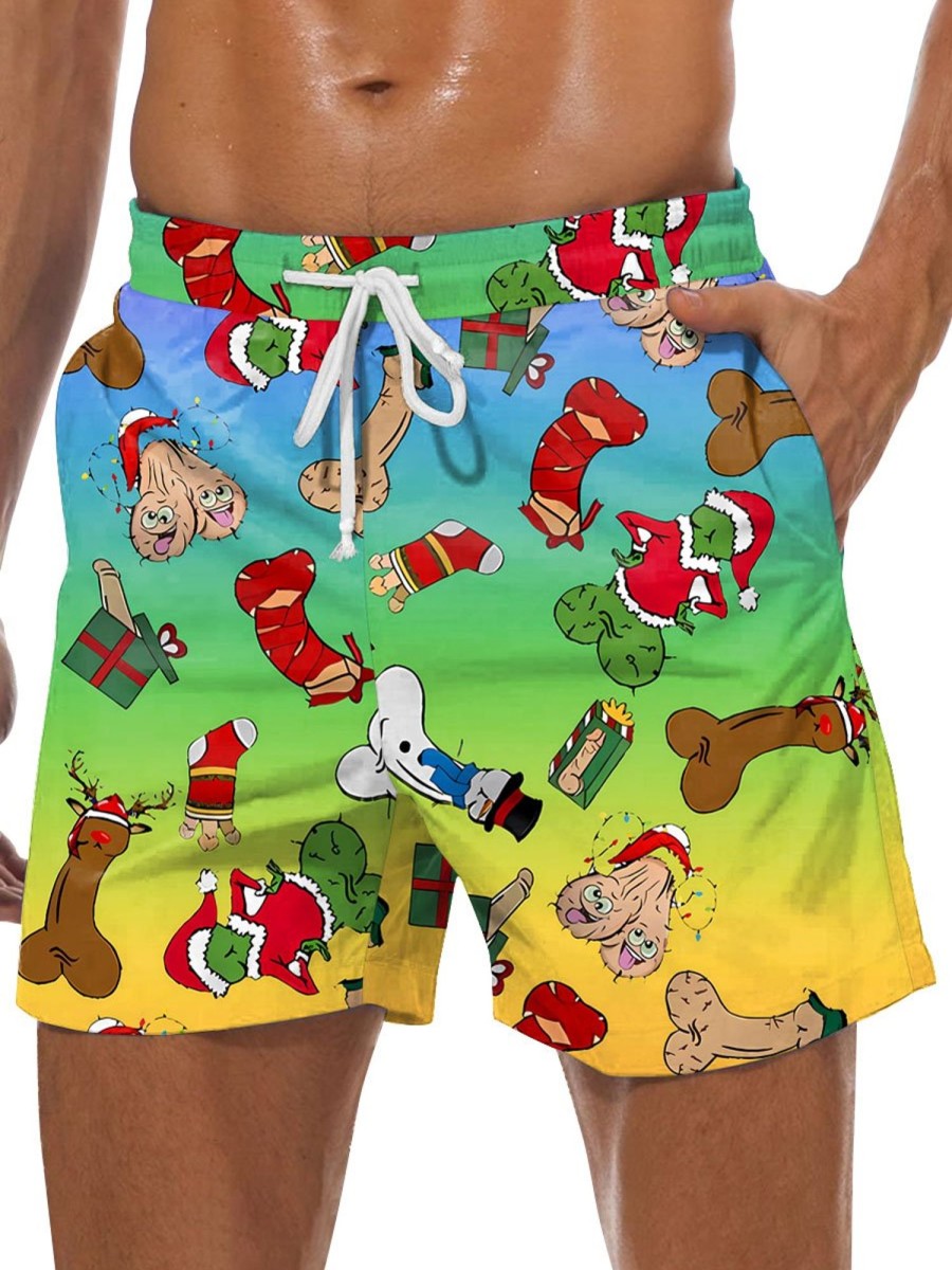 Men DJ Bottoms | Fun Christmas Cocks Toy Print Casual Lace-Up Shorts