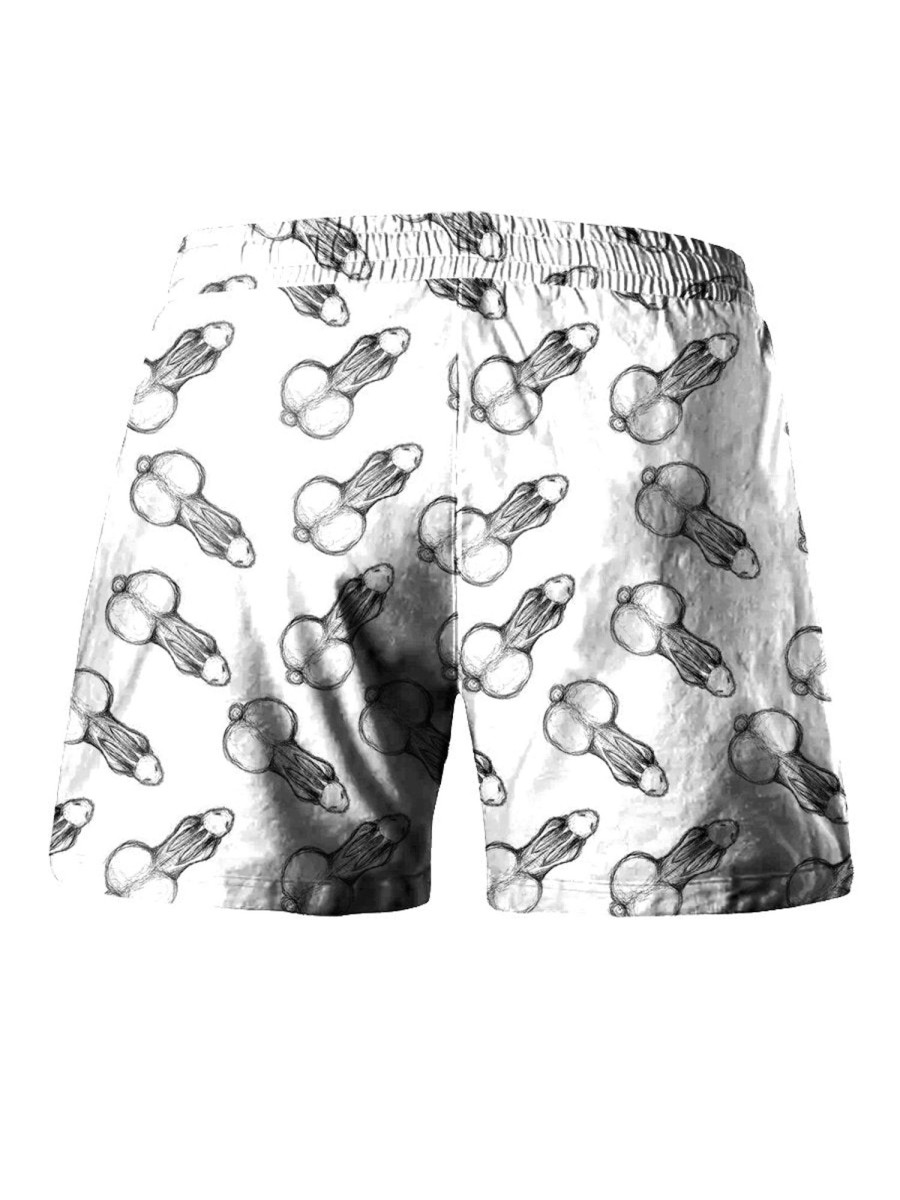 Men LJC Bottoms | Rabbit Testicle Print Hawaiian Track Shorts White