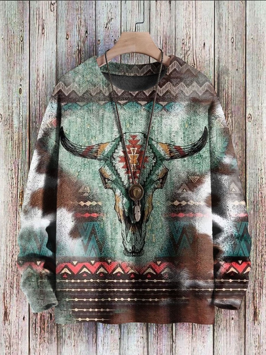 Men BXL Print Sweater | Men'S Retro Western Cowboy Skull Print Crew Neck Pullover Sweater 77053904Xl Coffee Color