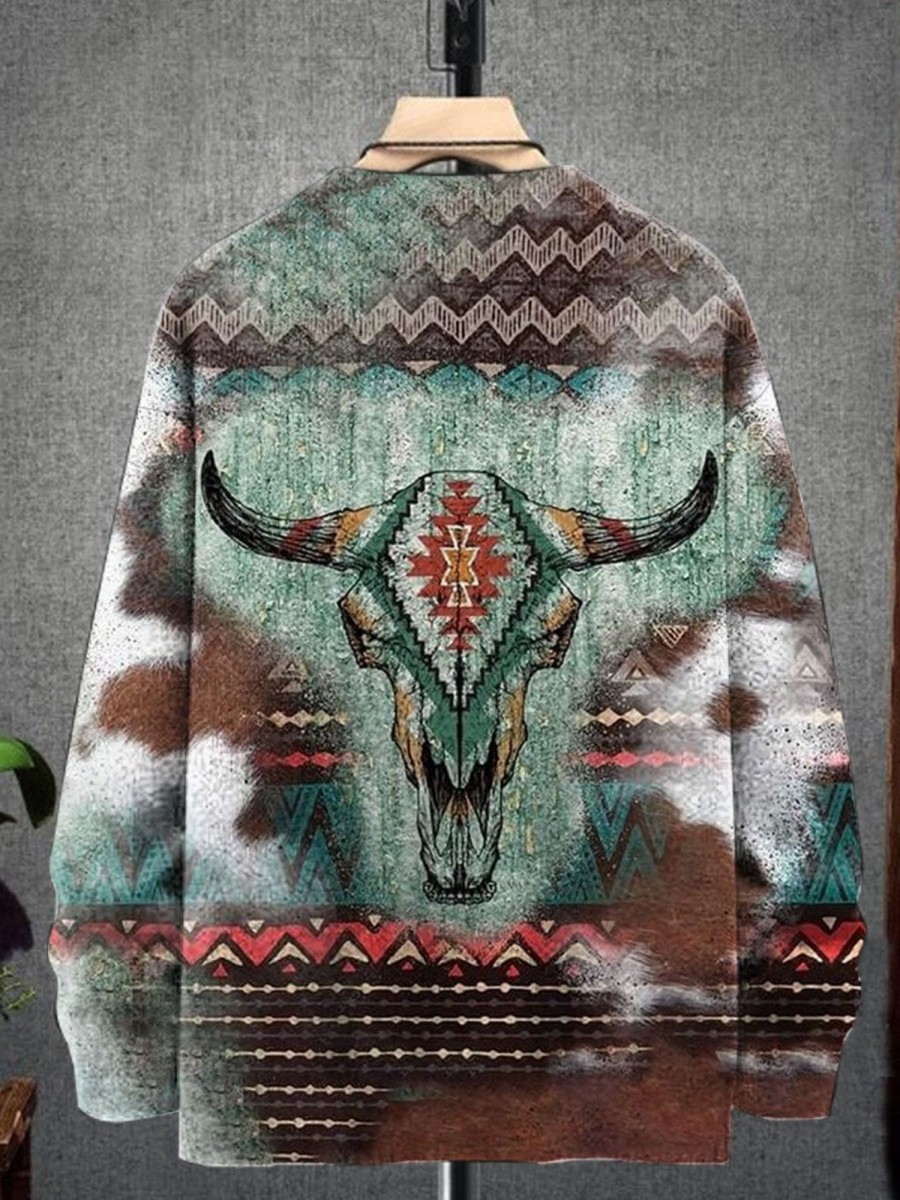 Men BXL Print Sweater | Men'S Retro Western Cowboy Skull Print Crew Neck Pullover Sweater 77053904Xl Coffee Color