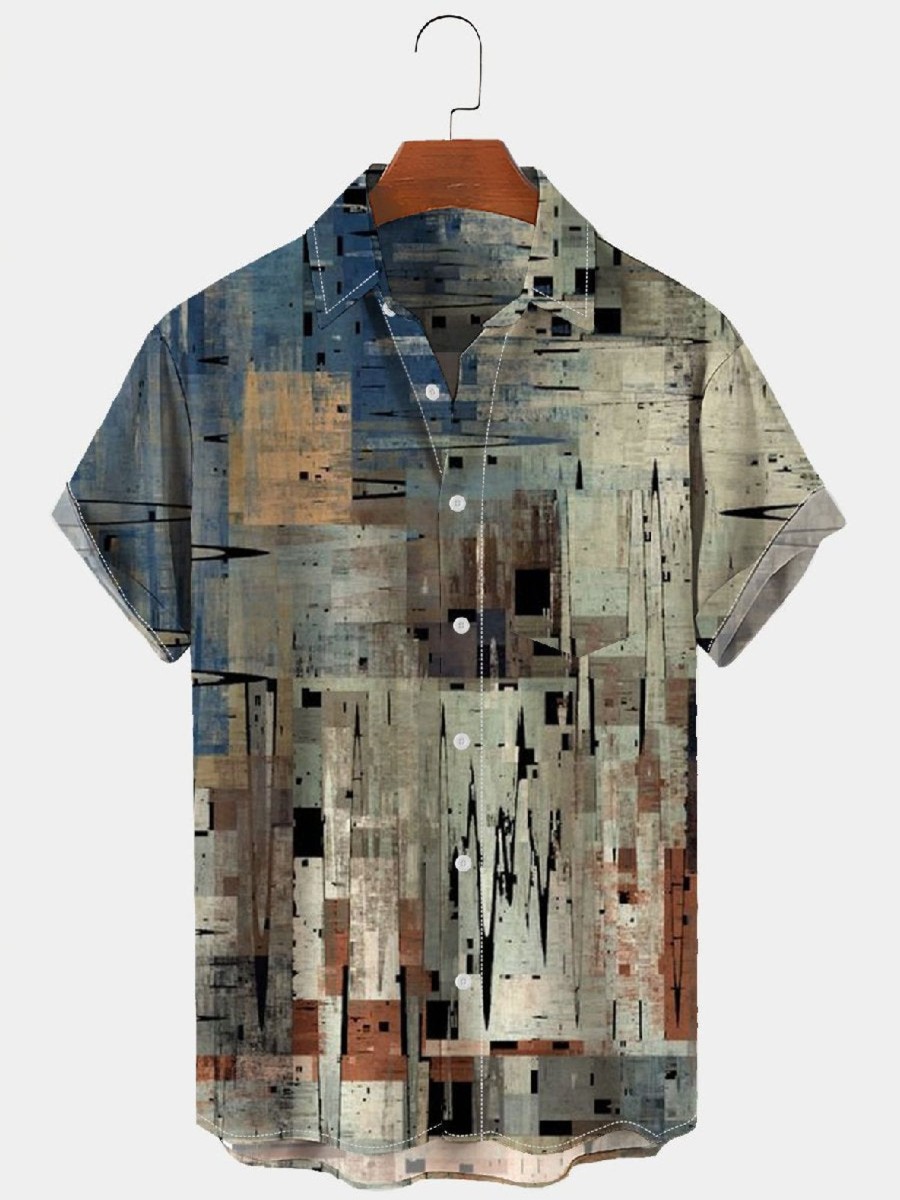 Men HLJ Shirts | Abstract Art Print Casual Short Sleeve Shirt Khaki