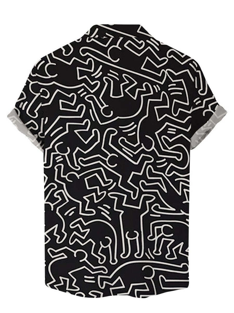 Men DJ Shirts | And White Pop Art Print Short Sleeve Shirt Black