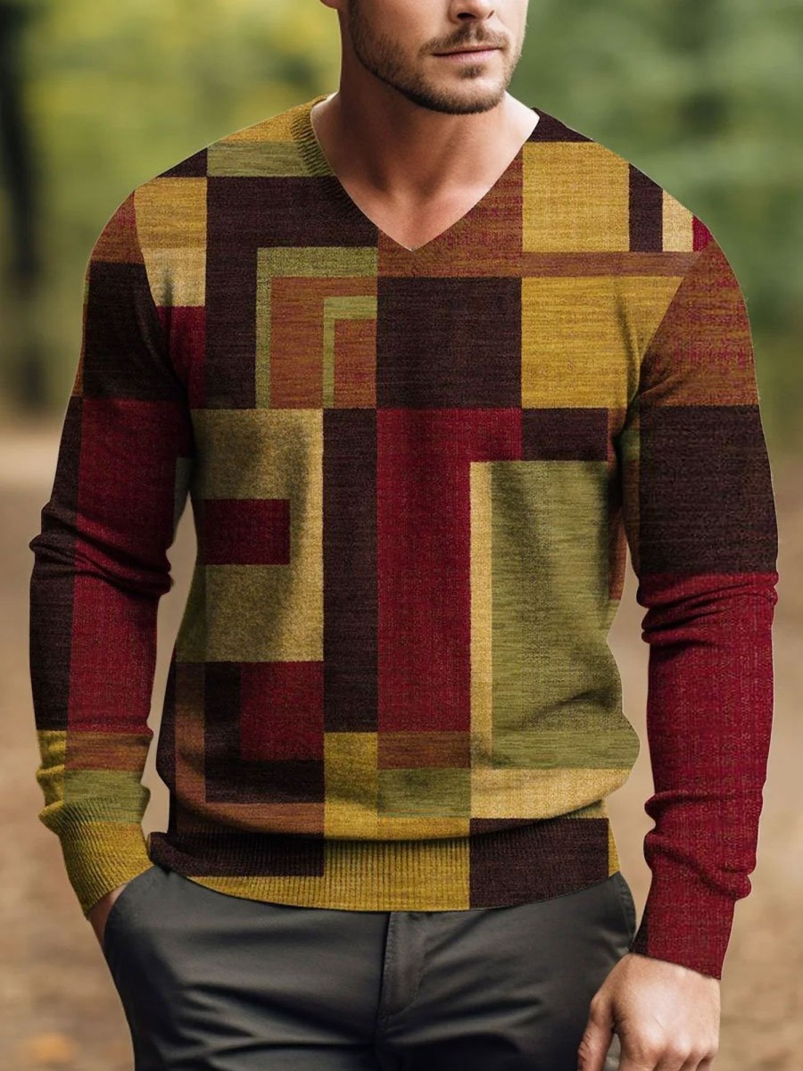 Men DJ Print Sweater | Men'S Vintage Geometric Art Pattern Color V-Neck Knit Long Sleeve Sweater Photo Color