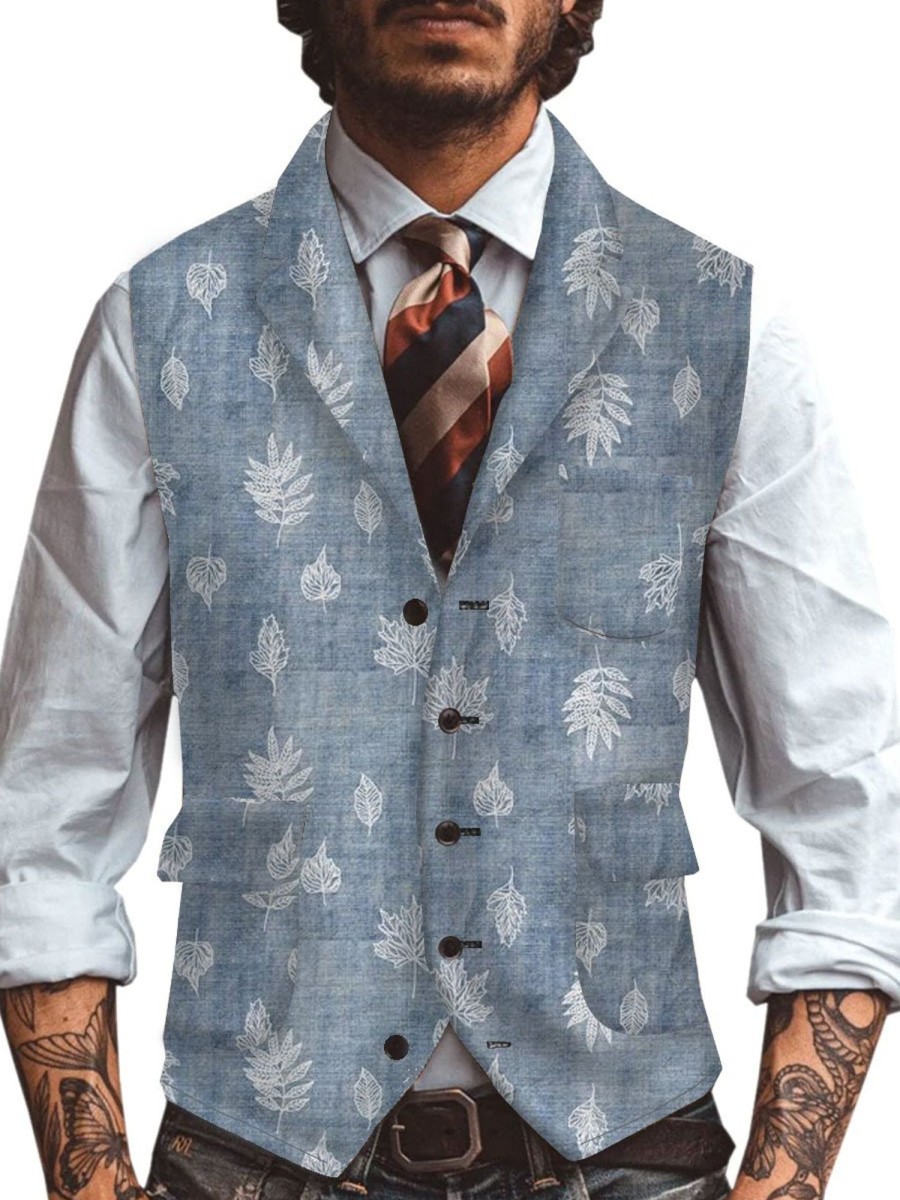 Men DJ Vest | Retro Leaf Print Three-Pocket Lapel Casual Suit Vest Gray Blue