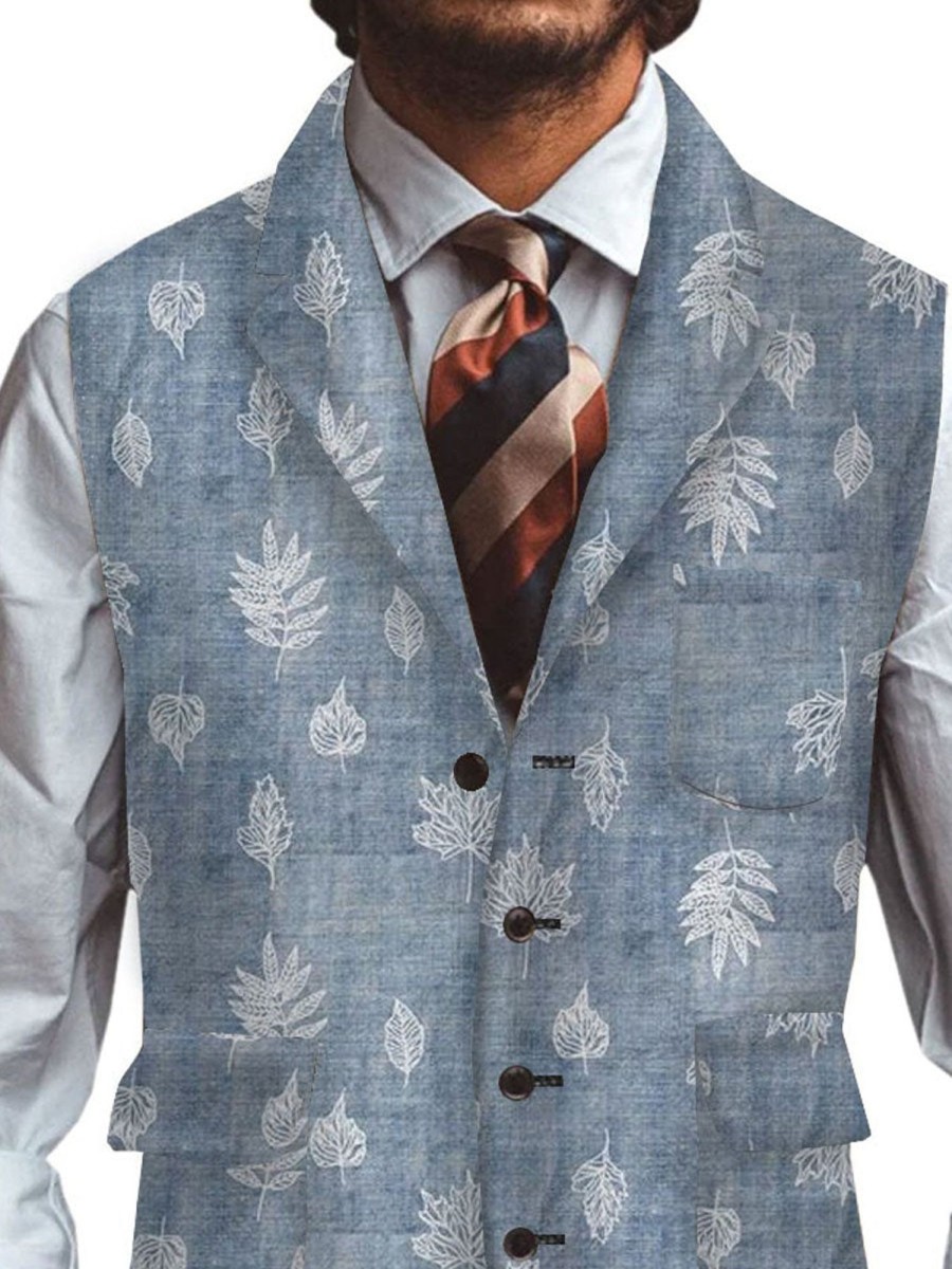 Men DJ Vest | Retro Leaf Print Three-Pocket Lapel Casual Suit Vest Gray Blue