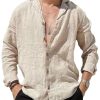 Men DJ Casual Long Sleeve Shirts | Cuban Collar Cotton And Linen Solid Color Casual Long-Sleeved Shirt Beige