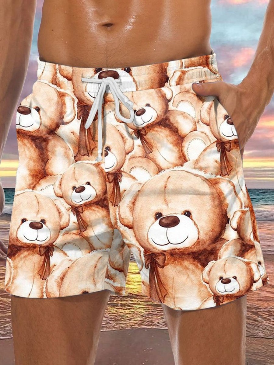 Men BXL Shorts | Fun And Cute Bear Print Casual Shorts Khaki