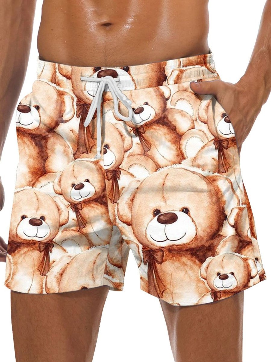 Men BXL Shorts | Fun And Cute Bear Print Casual Shorts Khaki