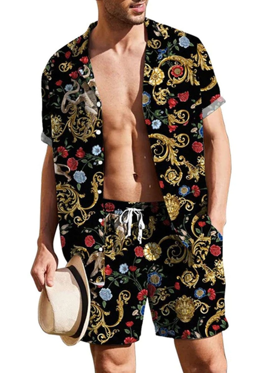 Men DJ Set | Vintage Print Casual Resort Set Black