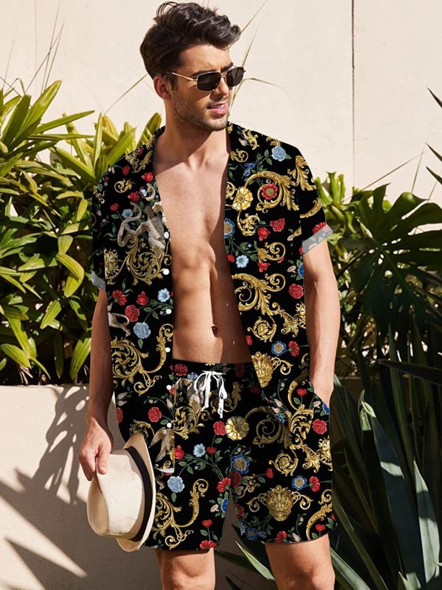 Men DJ Set | Vintage Print Casual Resort Set Black