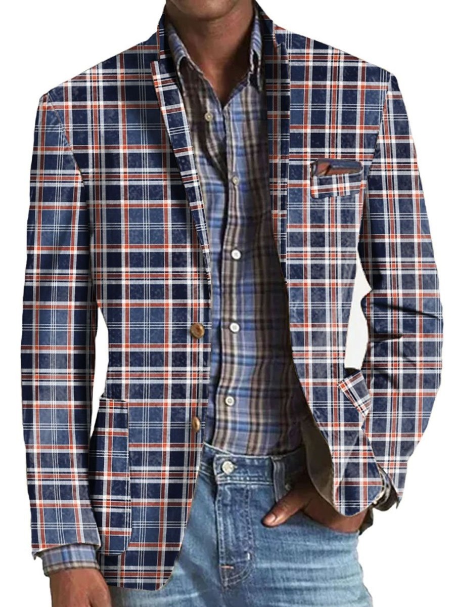 Men BXL Print Jacket | Men'S Plaid Print Pocket Casual Blazer Blue