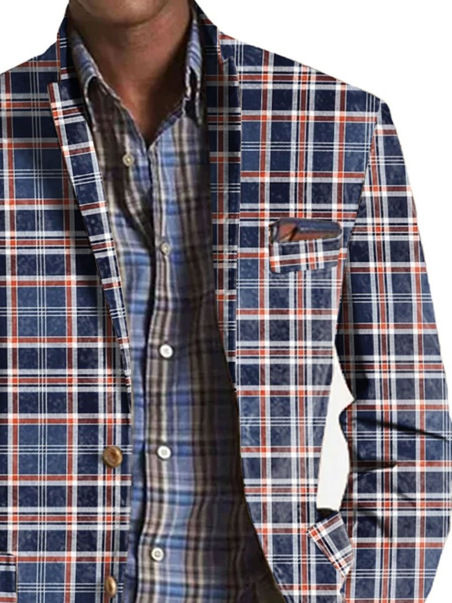 Men BXL Print Jacket | Men'S Plaid Print Pocket Casual Blazer Blue