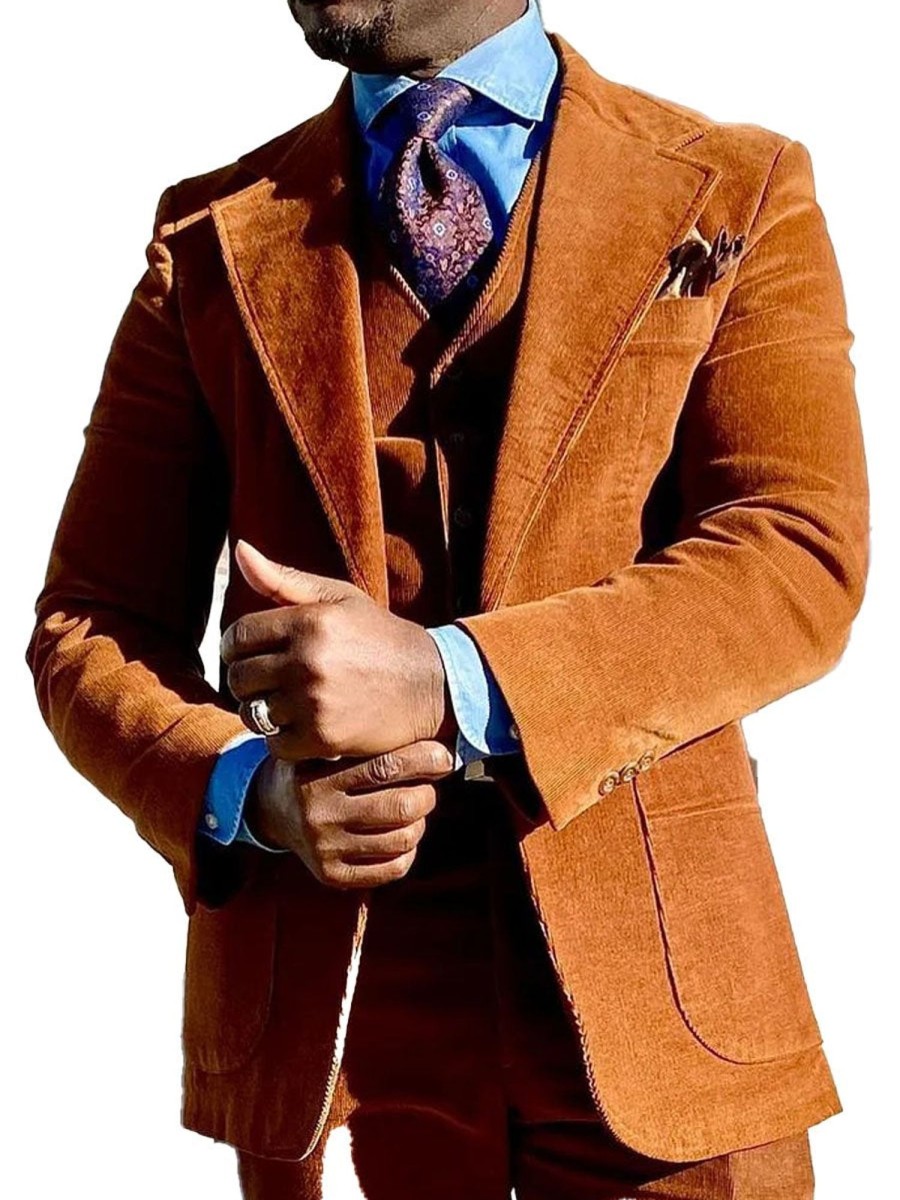 Men DJ Jacket | Vintage Corduroy Solid Color 3 Pocket Casual Retro Lapel Suit Orange