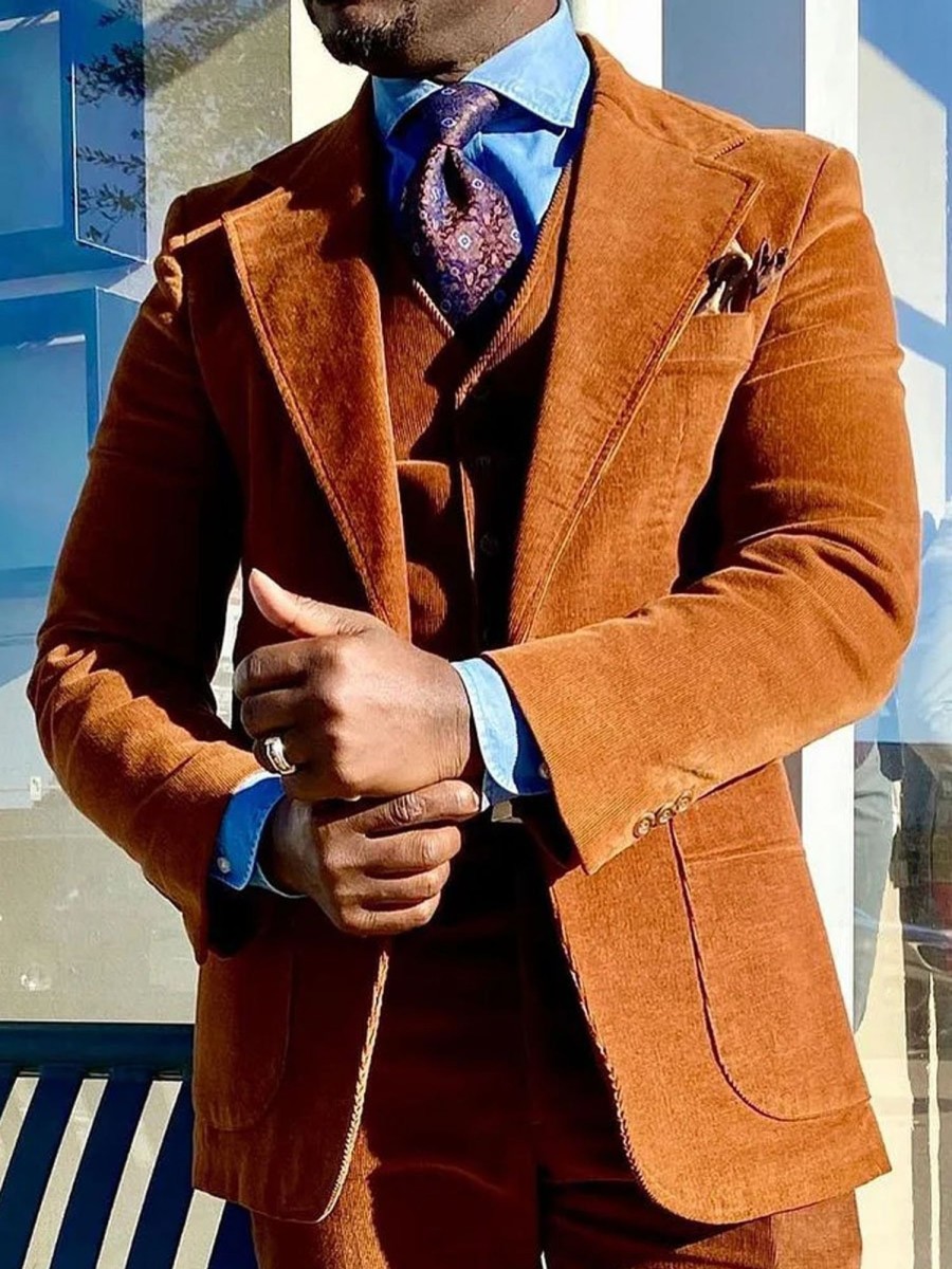 Men DJ Jacket | Vintage Corduroy Solid Color 3 Pocket Casual Retro Lapel Suit Orange