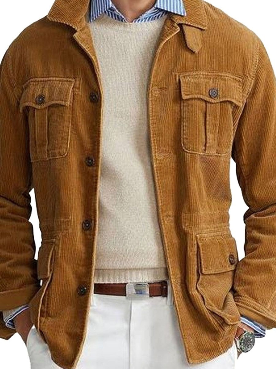 Men DJ Jacket | Vintage Lapel Multi-Pocket Corduroy Casual Jacket Brown