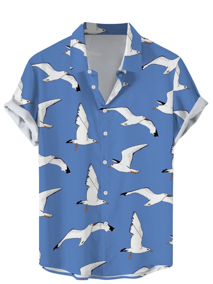 Men GYJ Shirts | Men'S Dove Print Casual Short Sleeve Shirt Blue