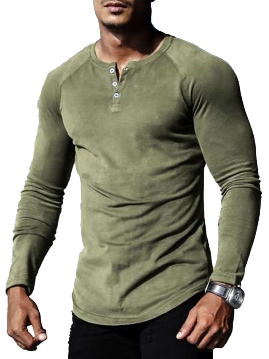 Men DJ Casual Shirts | Half Open Collar Retro All-Match Casual Long-Sleeved T-Shirt Army Green