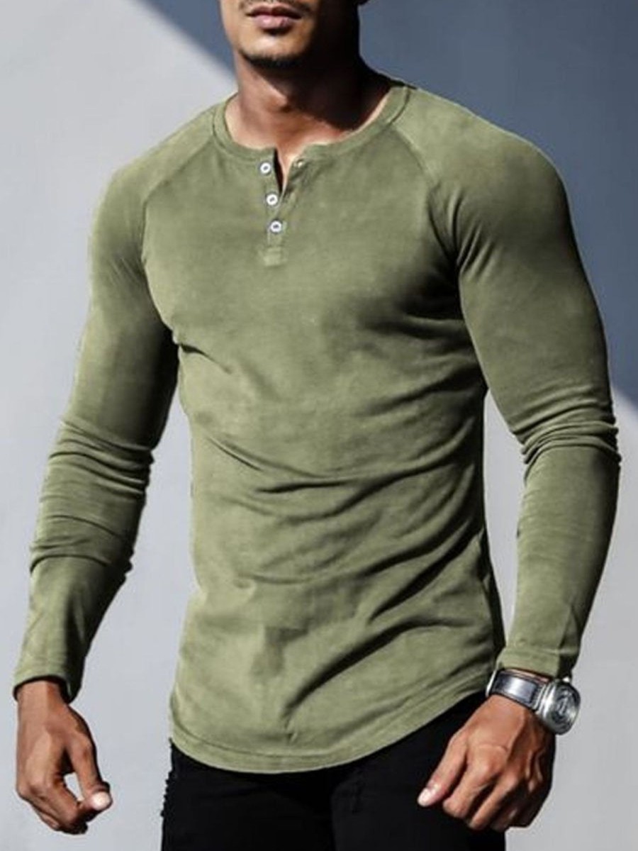 Men DJ Casual Shirts | Half Open Collar Retro All-Match Casual Long-Sleeved T-Shirt Army Green