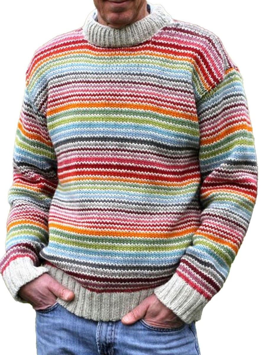 Men DJ Sweater | Rainbow Line Casual Round Neck Knitted Sweater Photo Color