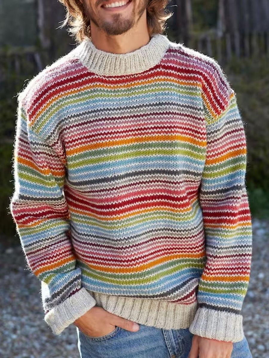 Men DJ Sweater | Rainbow Line Casual Round Neck Knitted Sweater Photo Color