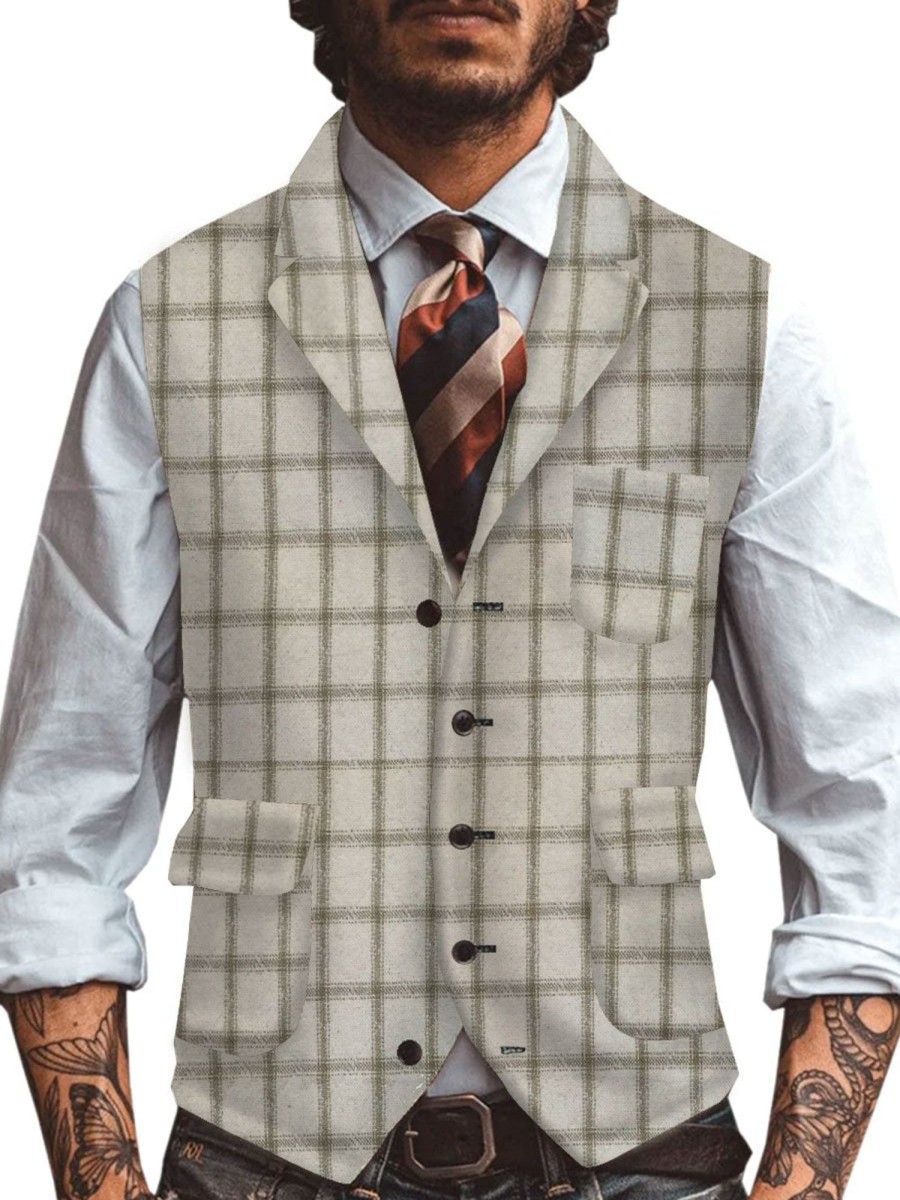 Men BXL Vest | Men'S Retro Wool Plaid Printed Multi-Pocket Casual Vest Khaki