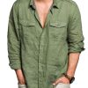 Men DJ Casual Shirts | Solid Color Lapel Double Pocket Casual Long Sleeve Shirt Green