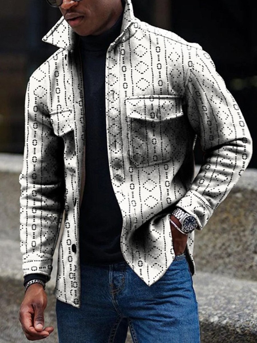 Men DJ Jacket | Retro Striped Geometric Print Double Pocket Casual Jacket Photo Color