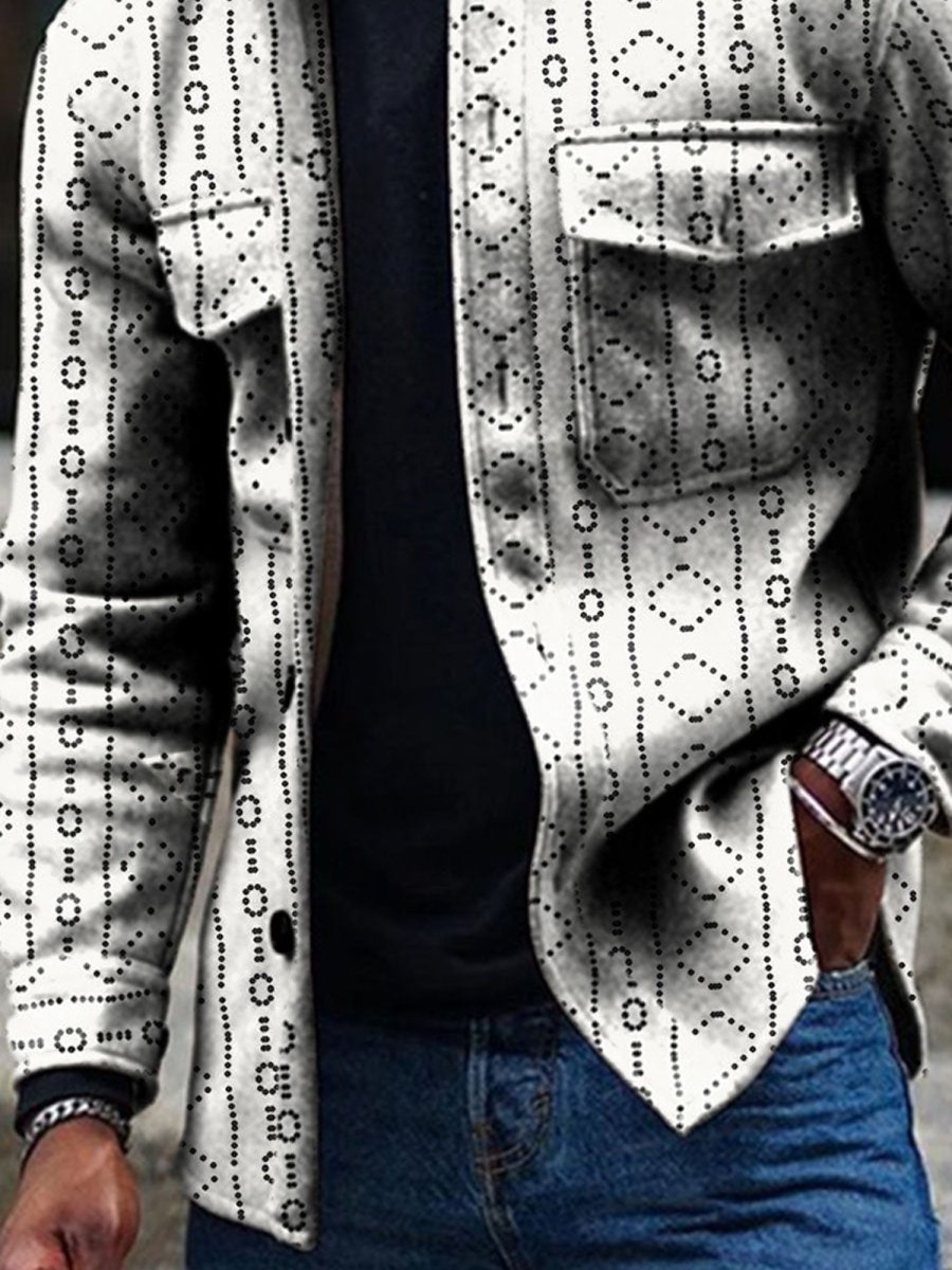 Men DJ Jacket | Retro Striped Geometric Print Double Pocket Casual Jacket Photo Color