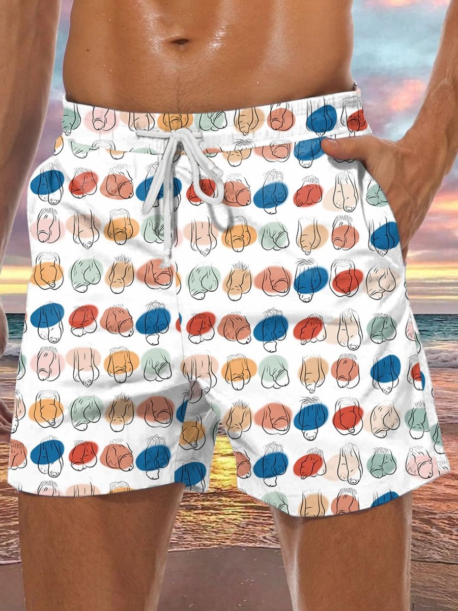 Men DJ Bottoms | Colorful Cocks Print Track Shorts White