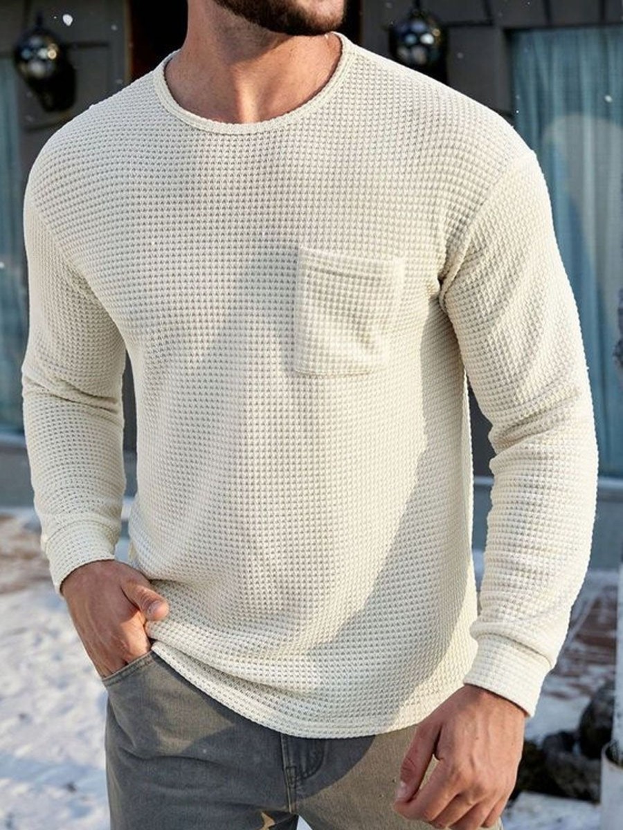 Men DJ Casual Shirts | Round Neck Solid Color Pocket Waffle Casual Long Sleeve T-Shirt White