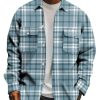 Men BXL Print Jacket | Vintage Plaid Print Double Pocket Single Breasted Lapel Casual Shirt Jacket Blue