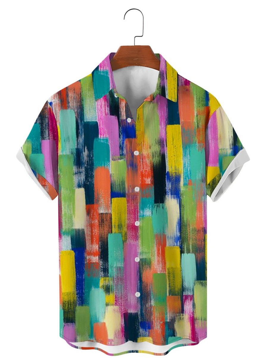 Men DJ Shirts | Vintage Rainbow Colorblock Print Casual Short Sleeve Shirt Photo Color