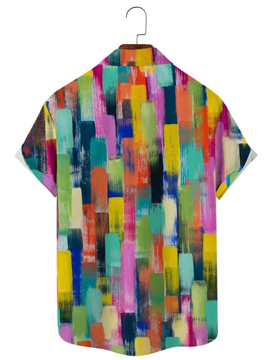 Men DJ Shirts | Vintage Rainbow Colorblock Print Casual Short Sleeve Shirt Photo Color