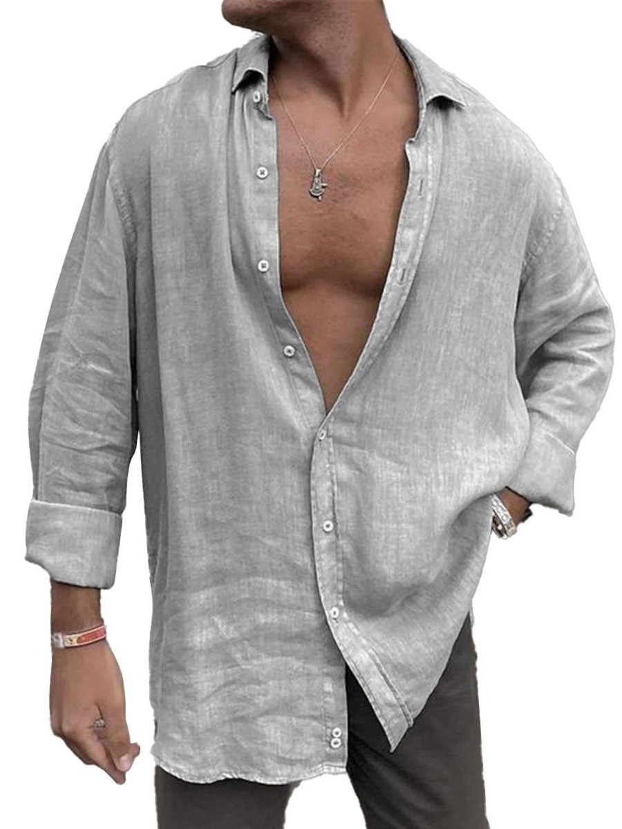 Men DJ Casual Shirts | Lapel Solid Color Single-Breasted Casual Long-Sleeved Shirt Gray