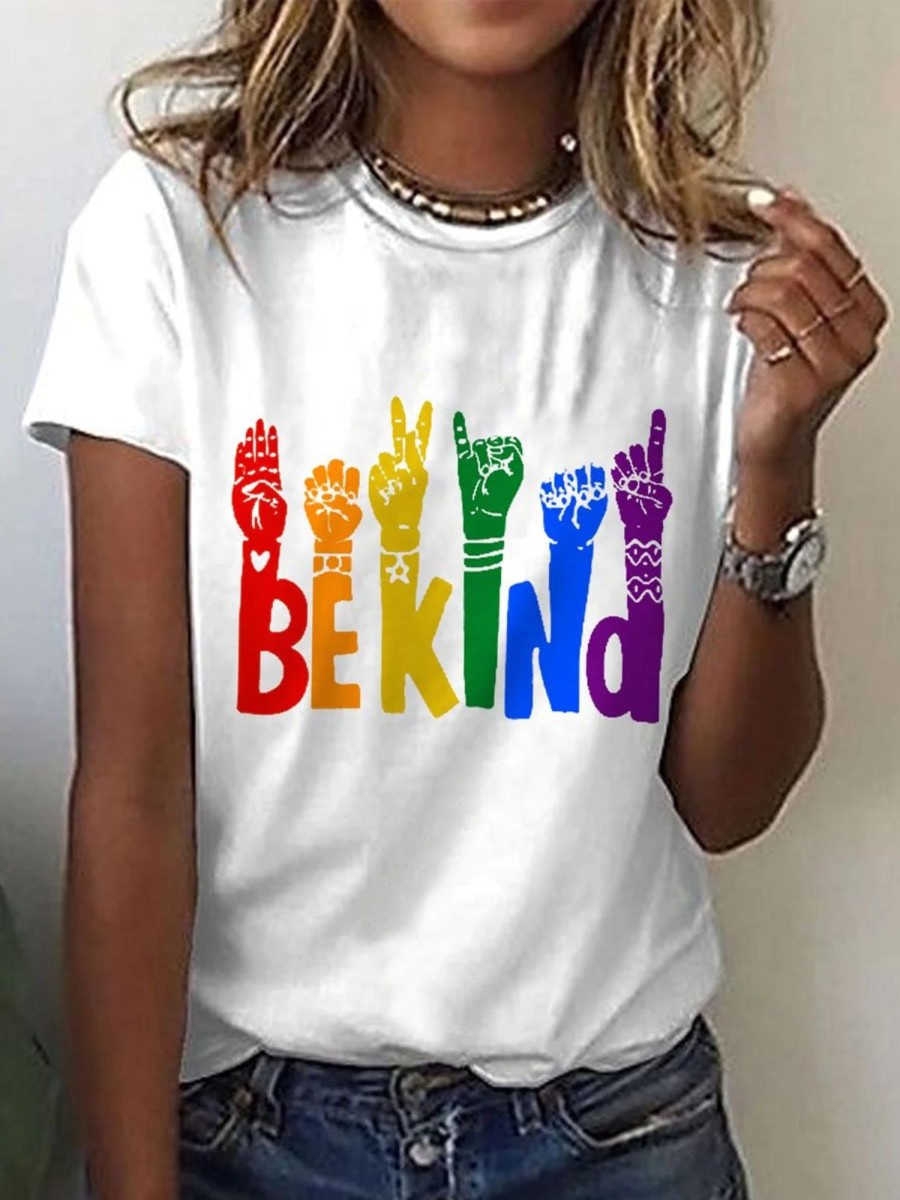 Women DJ | Rainbow Be Kind Print Casual Round Neck Short-Sleeved T-Shirt