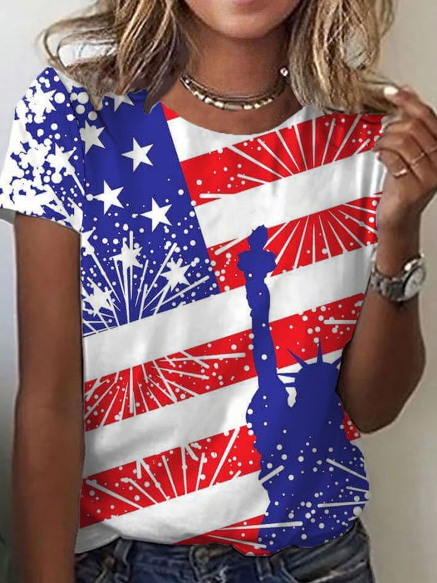 Women DJ | Crew Neck Liberty Flag Short Sleeve T-Shirt Photo Color