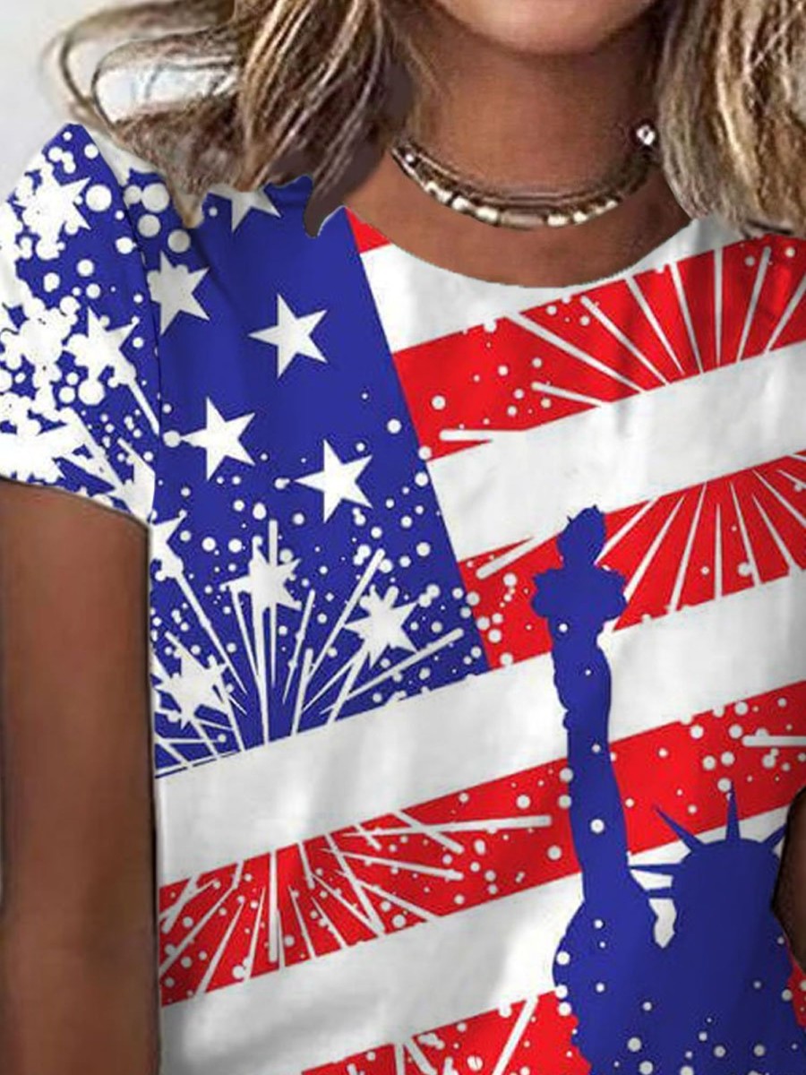 Women DJ | Crew Neck Liberty Flag Short Sleeve T-Shirt Photo Color