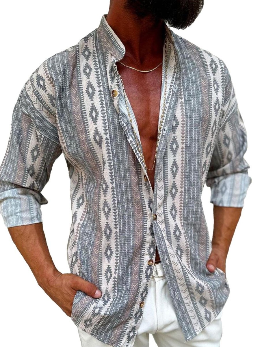 Men QMY Casual Long Sleeve Shirts | Casual Ethnic Printed Long-Sleeved Shirt Photo Color