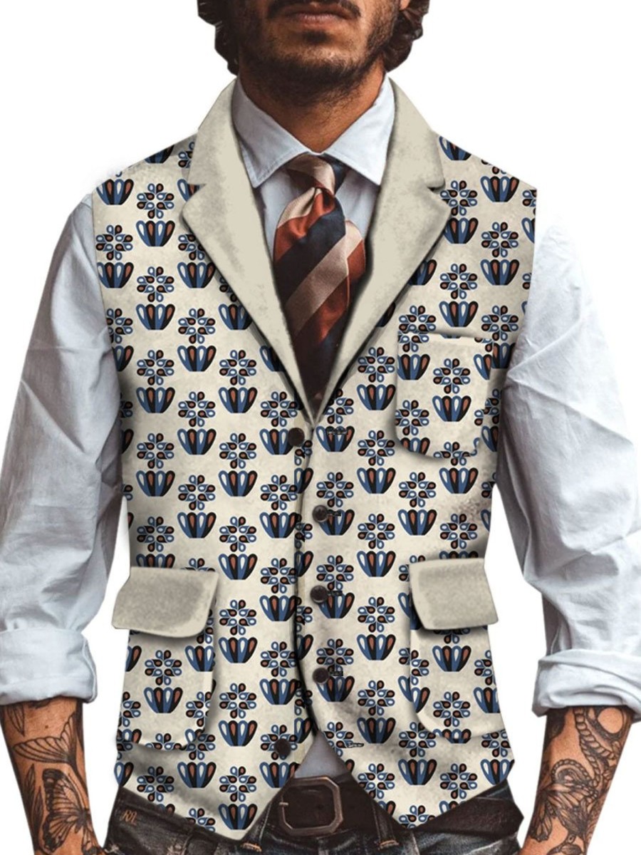 Men TH Vest | Retro Versatile Patchwork Print Lapel Three-Pocket Casual Vest Beige