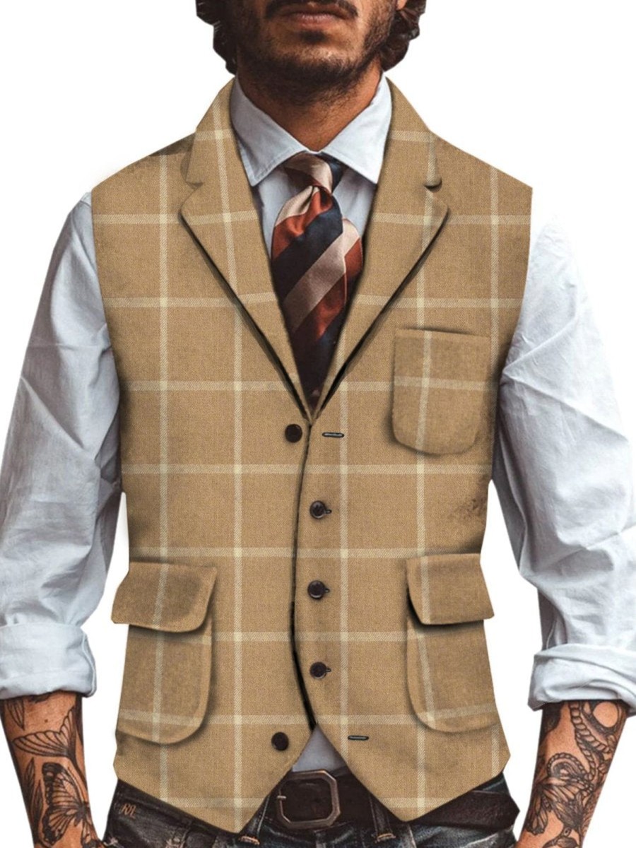 Men QMY Vest | Retro Three-Pocket Plaid Print Vest Photo Color