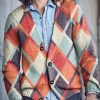 Men DJ Print Cardigan | Retro Diamond Plaid Printed V-Neck Knitted Cardigan Photo Color