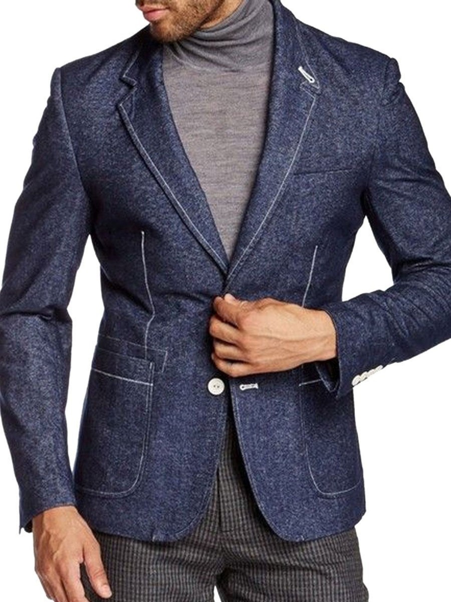 Men BXL Jacket | Men'S Pocket Denim Casual Blazer Dark Blue