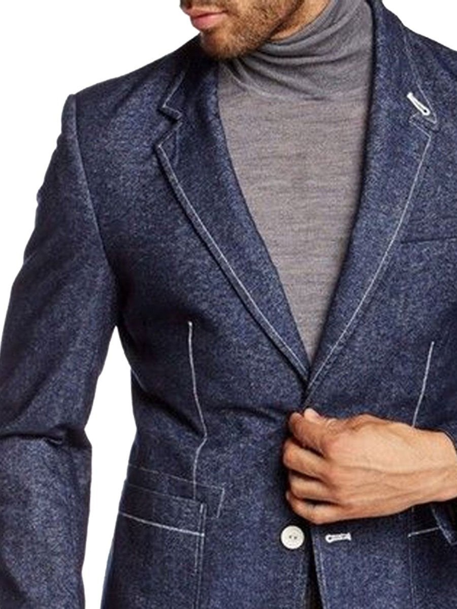 Men BXL Jacket | Men'S Pocket Denim Casual Blazer Dark Blue