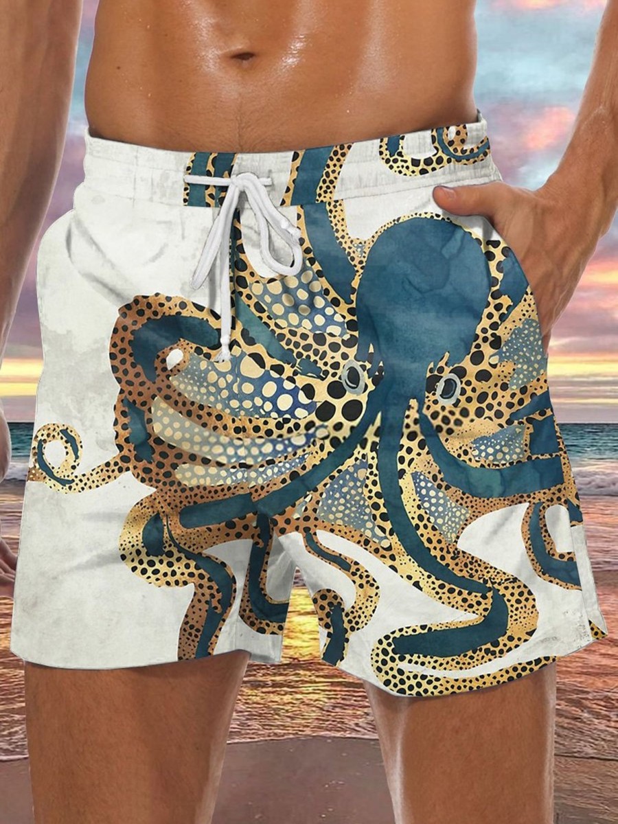 Men HLJ Bottoms | Deep Sea Octopus Print Drawstring Board Shorts Apricot