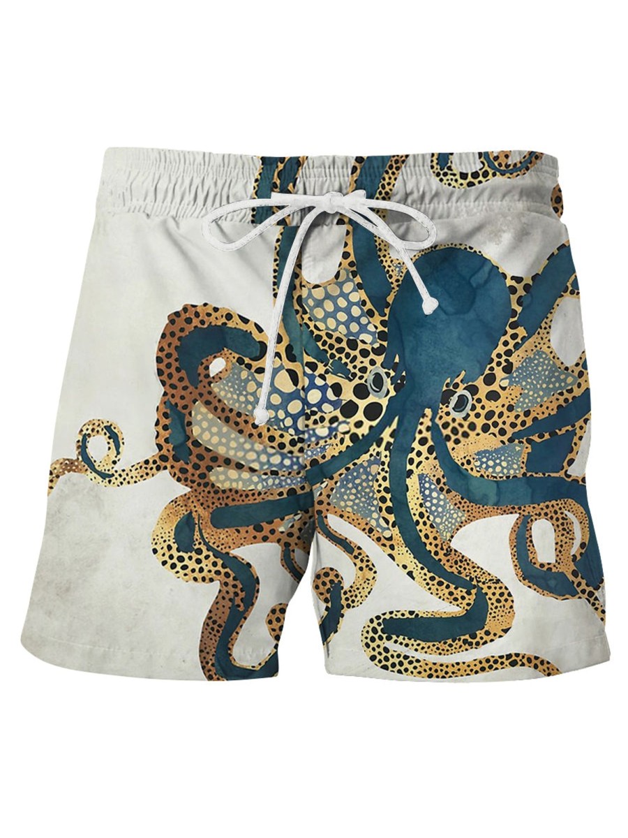 Men HLJ Bottoms | Deep Sea Octopus Print Drawstring Board Shorts Apricot