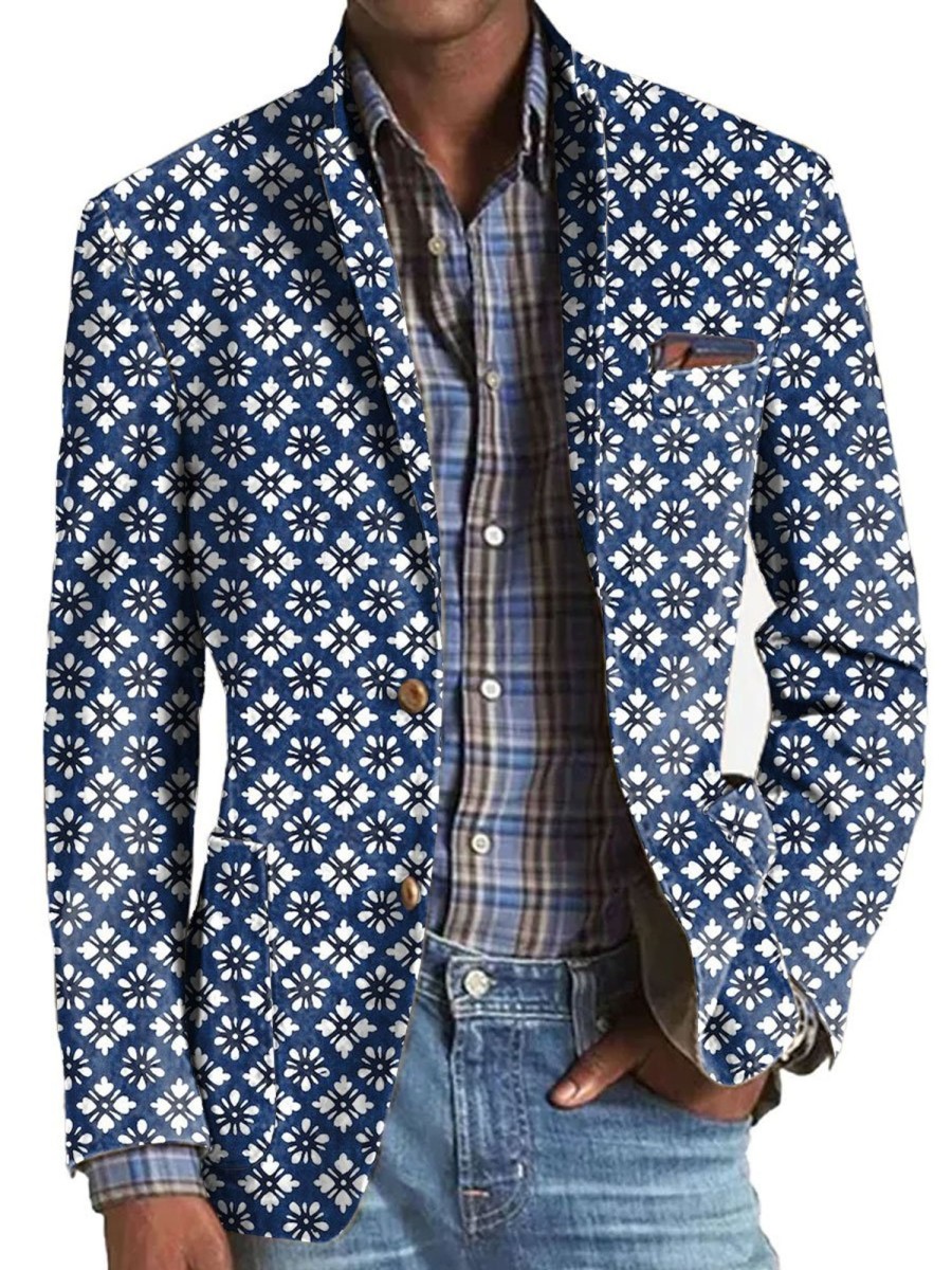 Men BXL Print Jacket | Men'S Floral Print Pocket Casual Blazer Blue