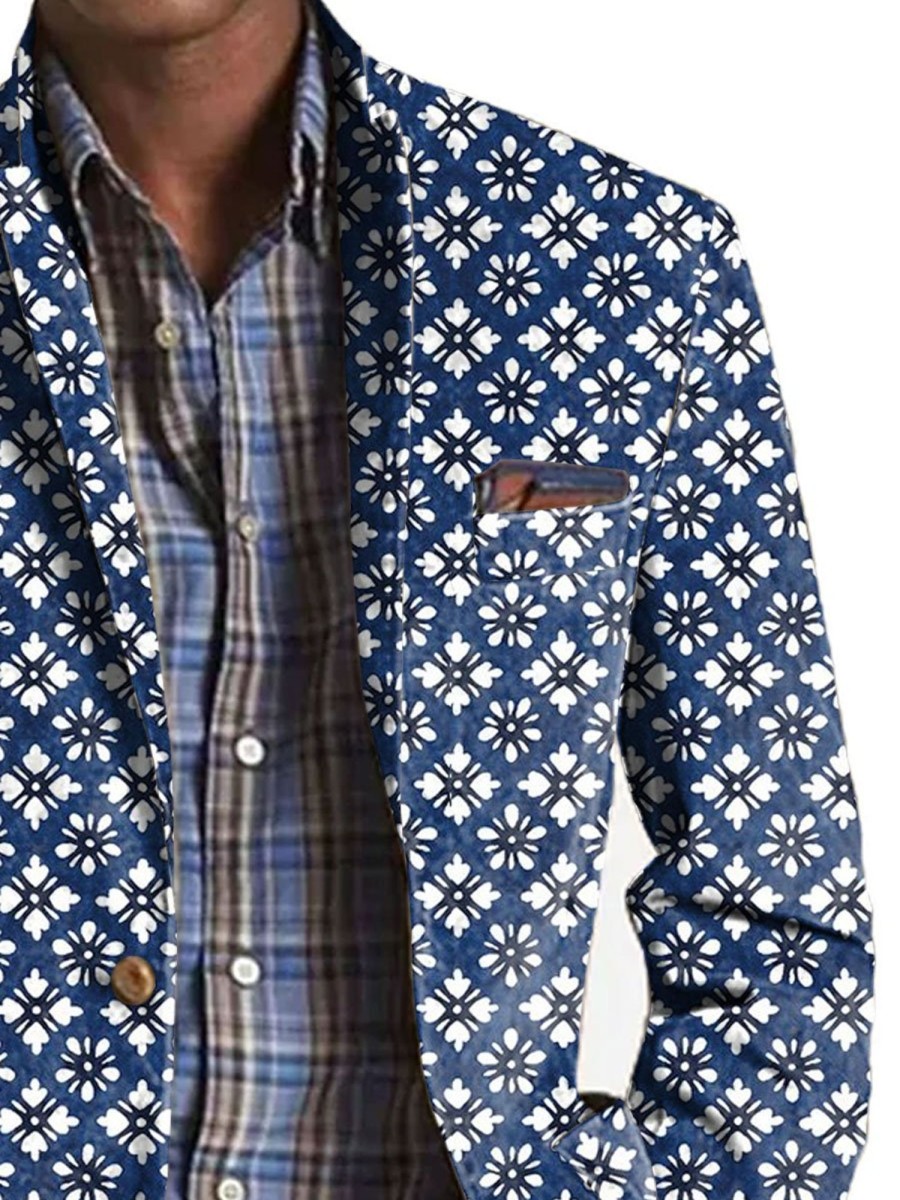 Men BXL Print Jacket | Men'S Floral Print Pocket Casual Blazer Blue